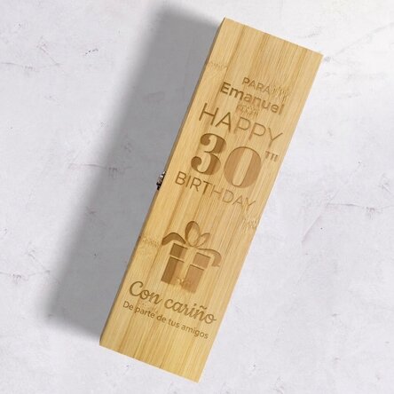 Caja de vino de bambú con accesorios, personalizada con un mensaje - Regalo de «Feliz cumpleaños»