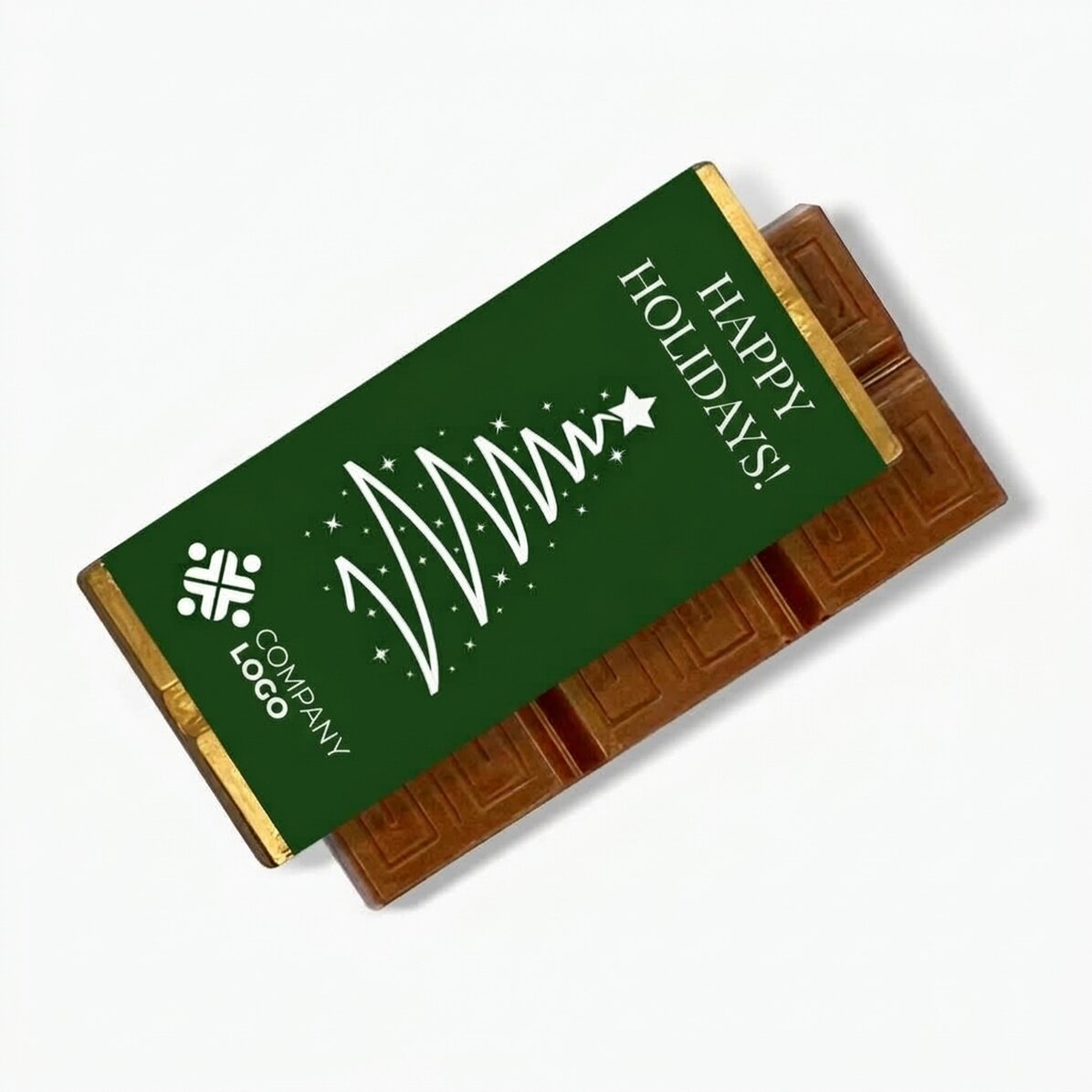 Mini tableta de chocolate personalizada con logotipo y mensaje: «Felices fiestas»