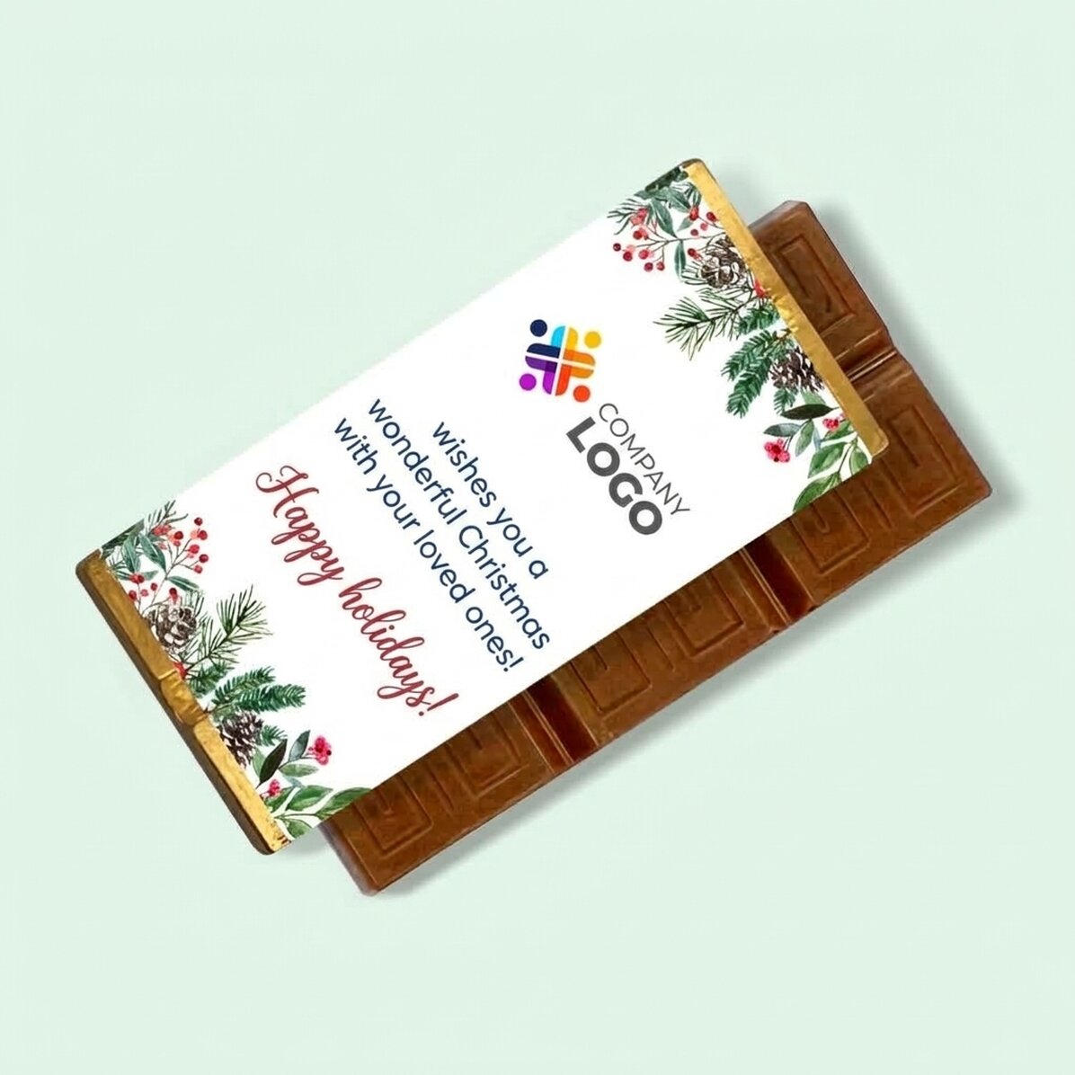 Mini tableta de chocolate personalizada con logotipo y mensaje navideño