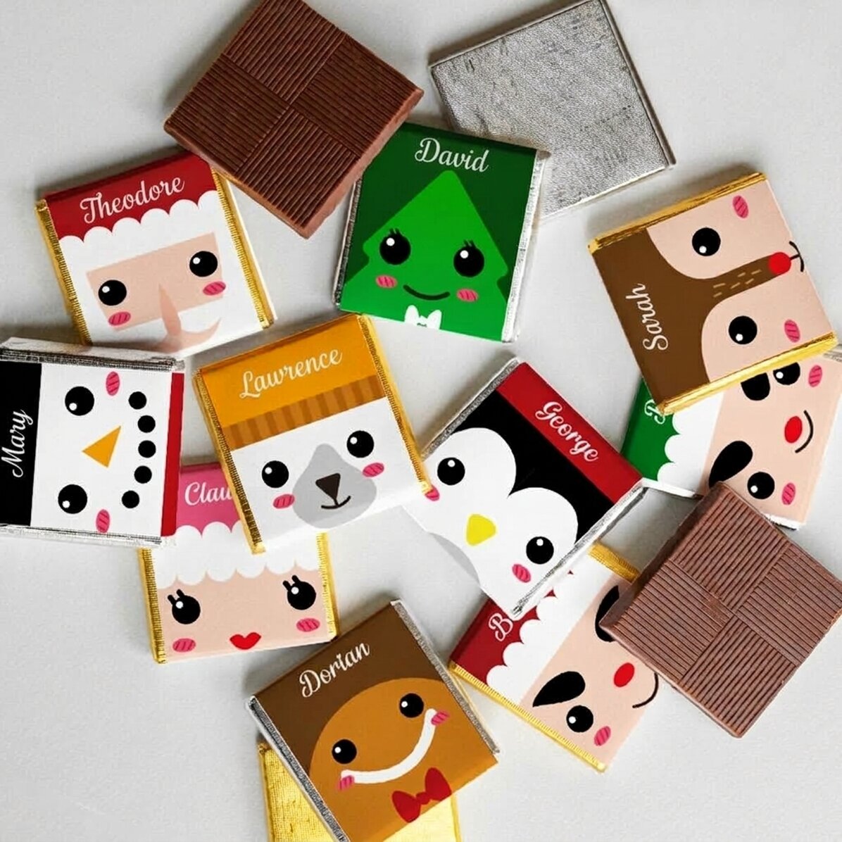 Lote de 10 minichocolates personalizados con nombre - Personajes navideños