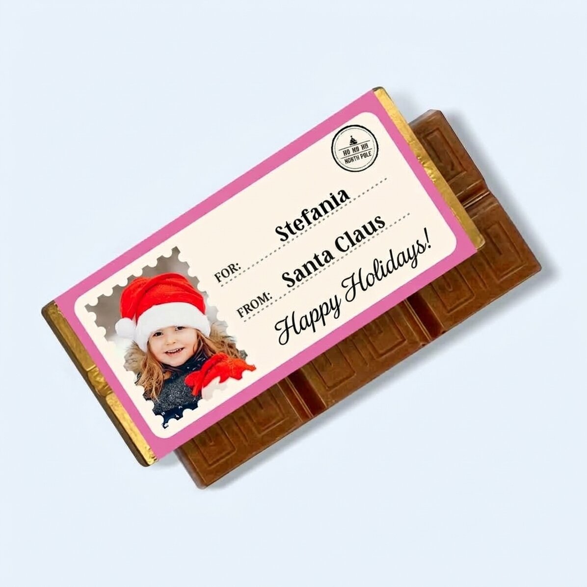 Mini tableta de chocolate personalizada con una foto y un mensaje: «Con cariño, Papá Noel»