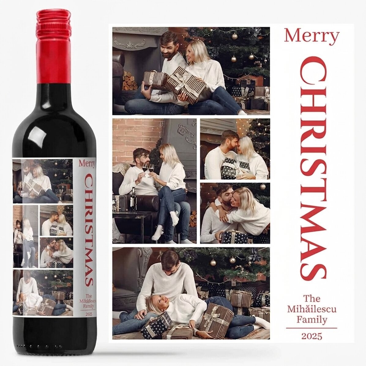 Vino personalizado con un mensaje y 5 fotos navideñas: ¡Feliz Navidad!