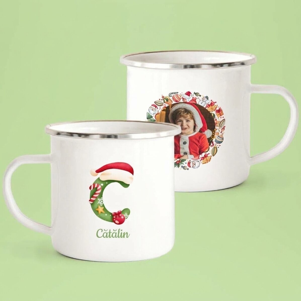 Taza esmaltada personalizada con texto y una foto - Navidad