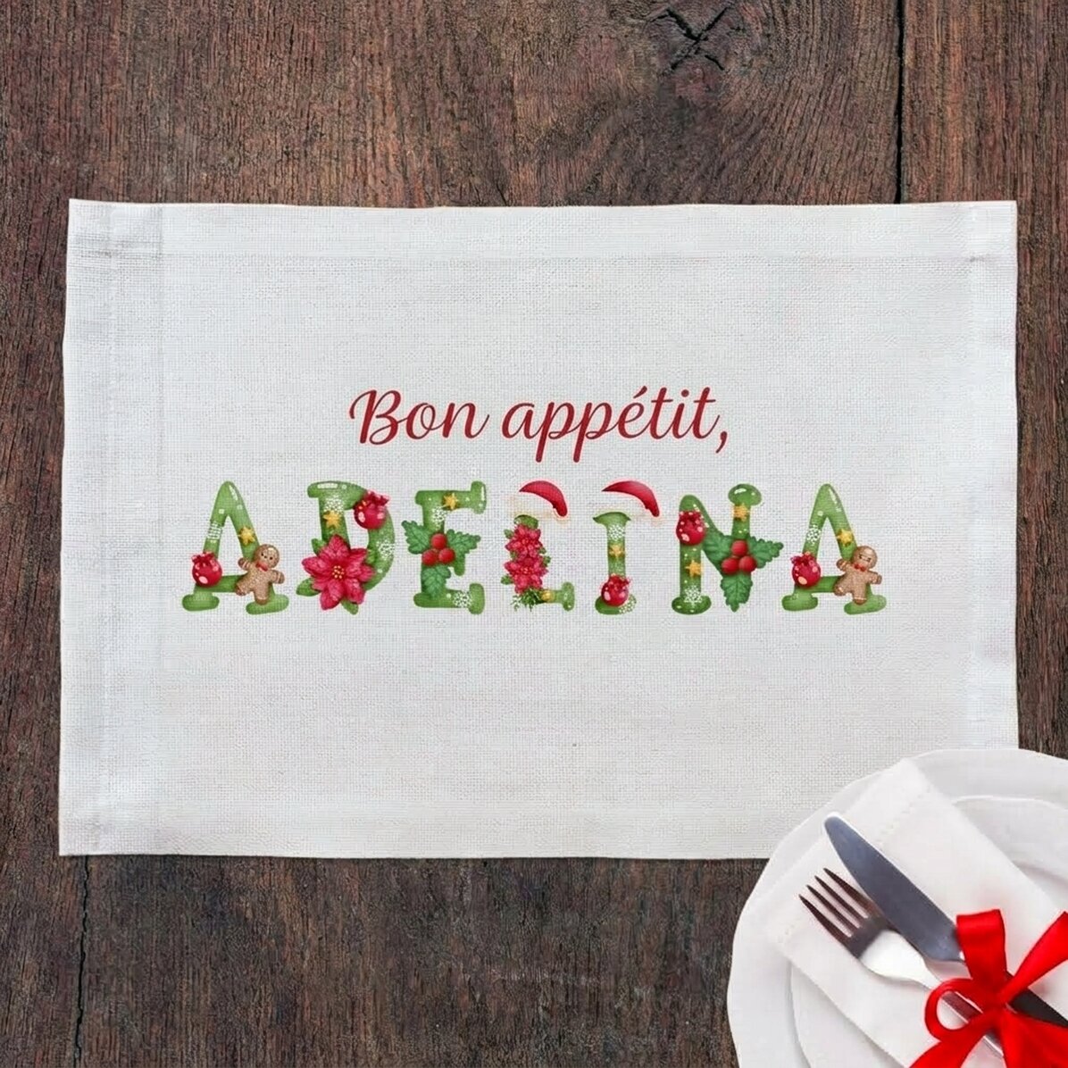 Portaplatos personalizado con nombres navideños