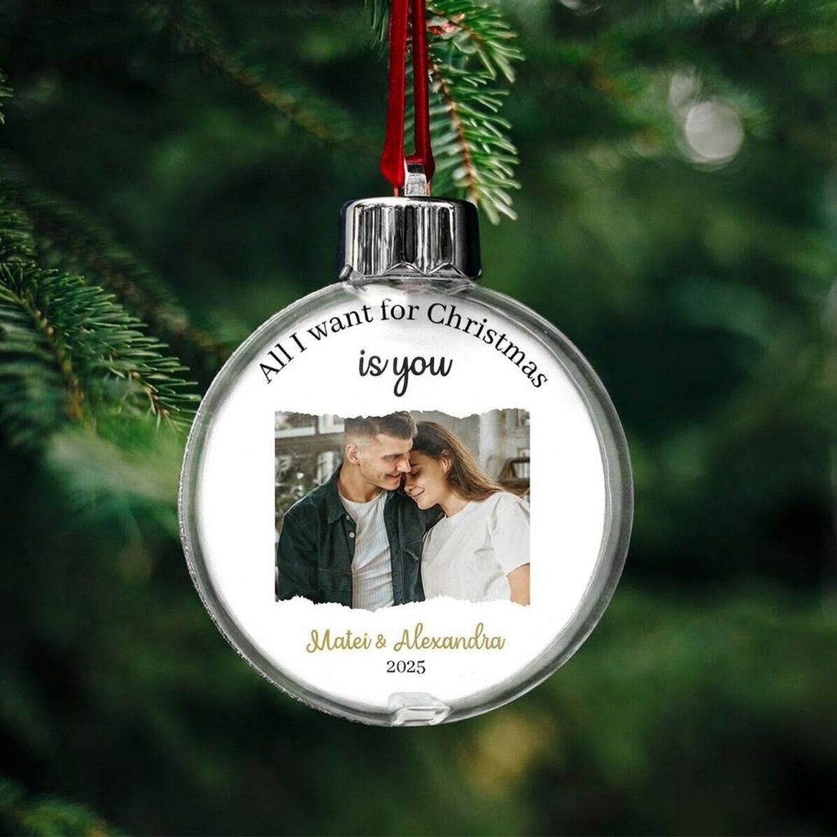 Bola de Navidad personalizada con un mensaje y una foto - «All I want for Christmas»