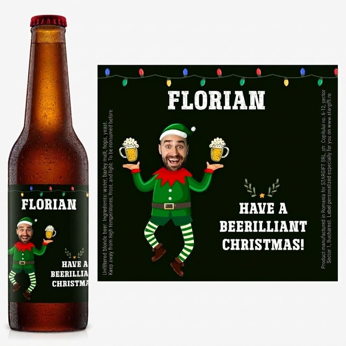 Cerveza personalizada con foto y mensaje navideño - Elfo