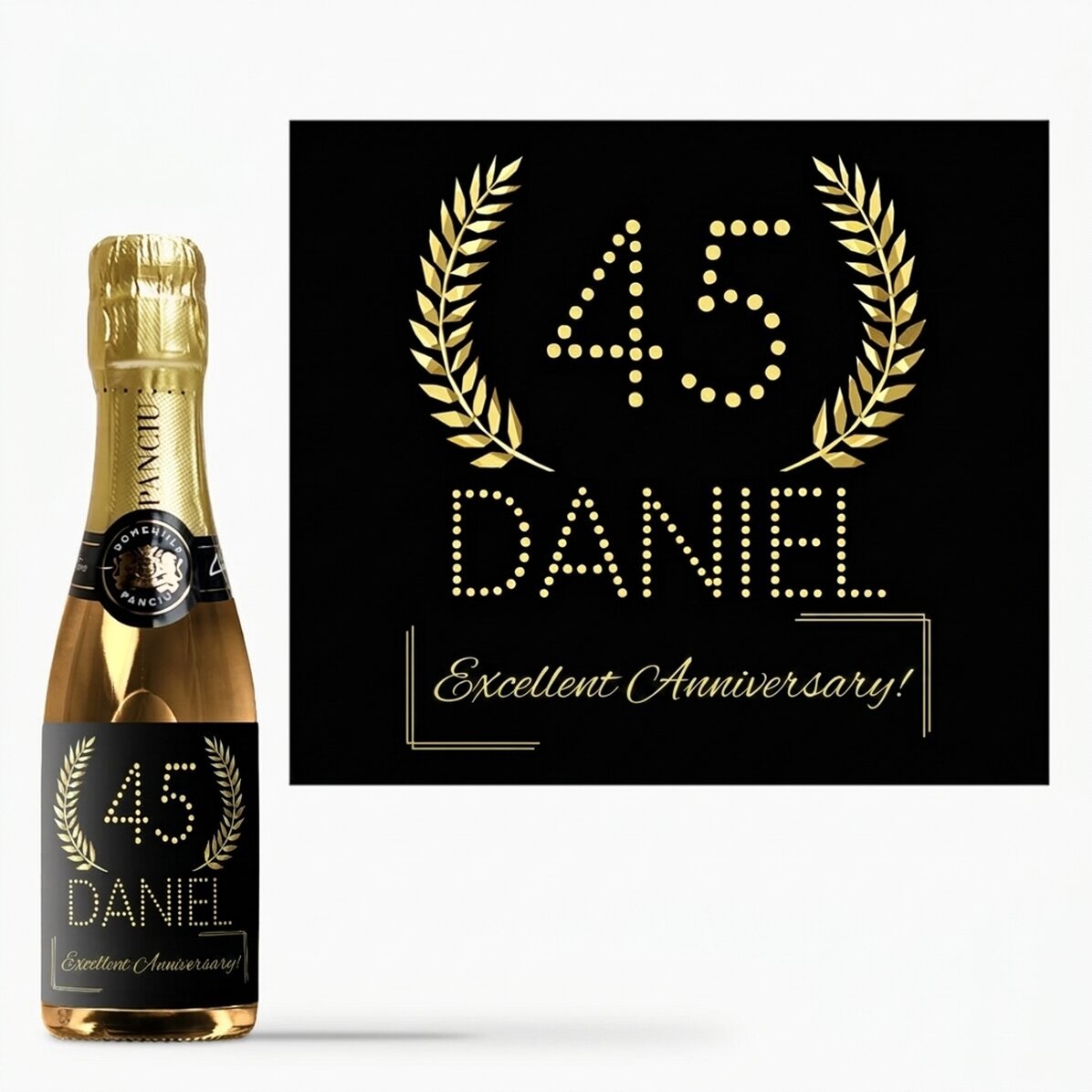 Mini botella de vino espumoso personalizada con un mensaje de cumpleaños - Dorado