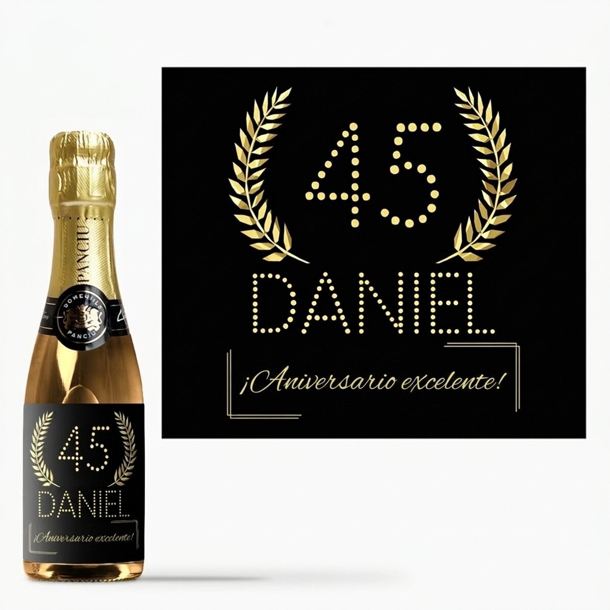 Mini botella de vino espumoso personalizada con un mensaje de cumpleaños - Dorado
