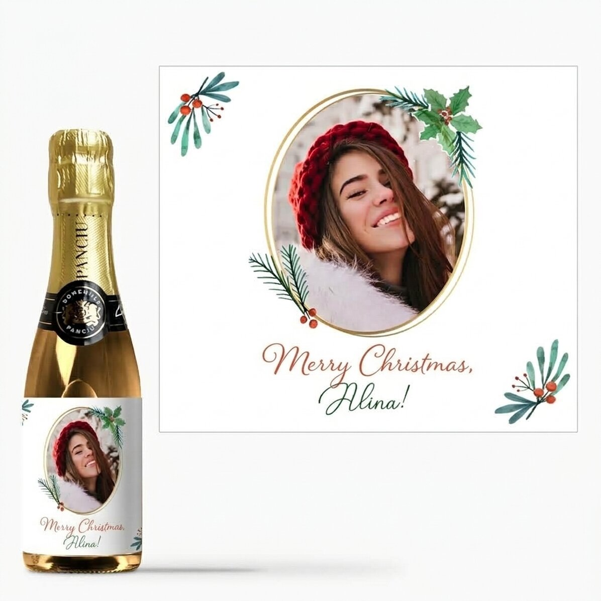 Mini botella de vino espumoso personalizada con foto y texto navideño