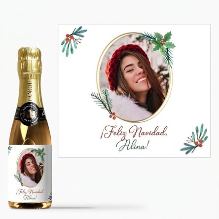 Mini botella de vino espumoso personalizada con foto y texto navideño