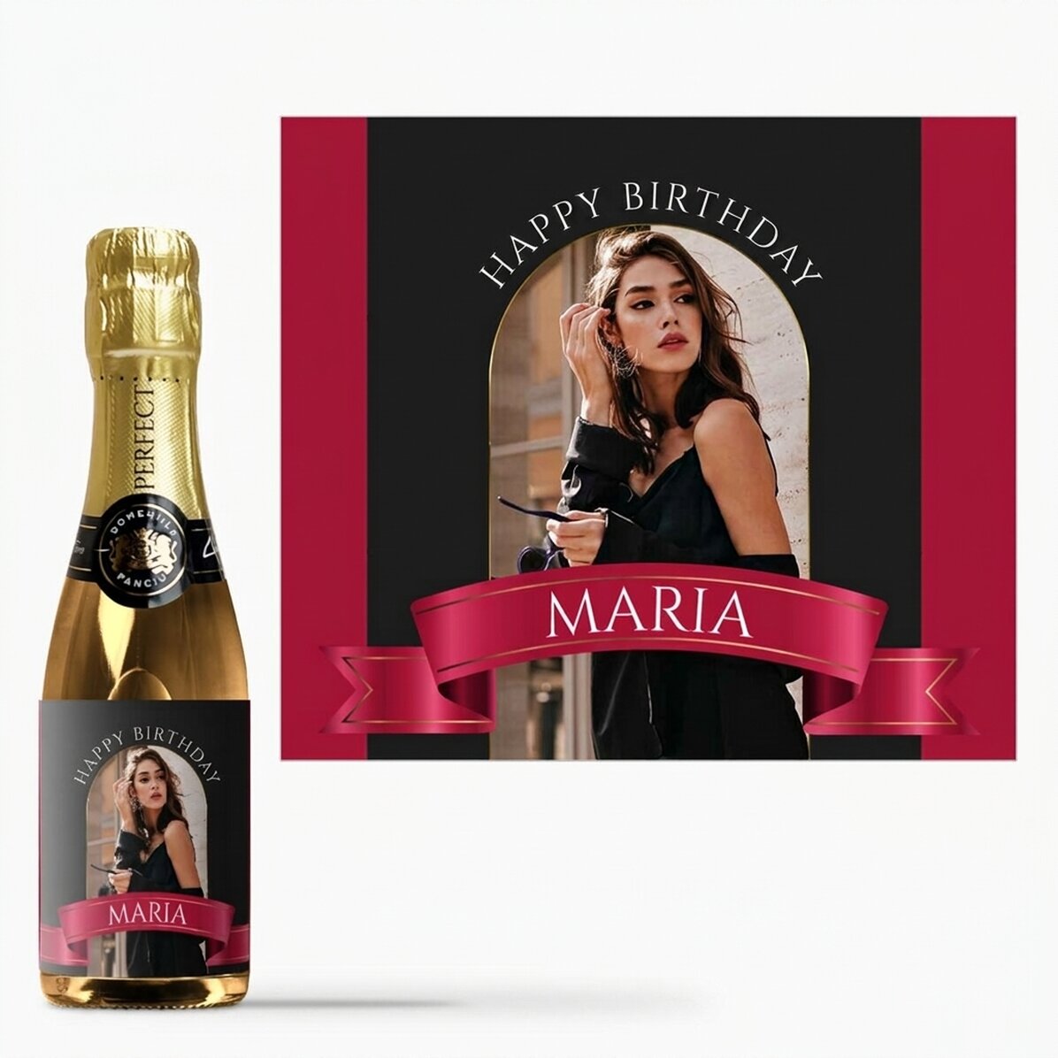 Mini botella de vino espumoso personalizada con una foto y un texto - Panglica