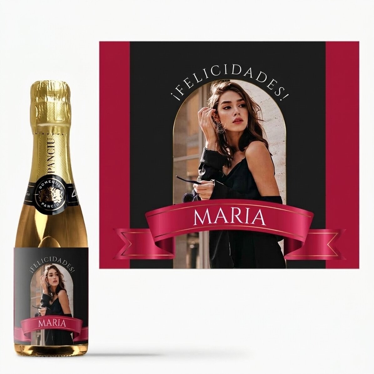 Mini botella de vino espumoso personalizada con una foto y un texto - Panglica