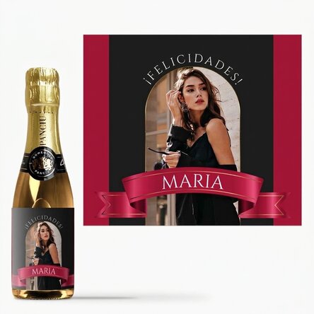Mini botella de vino espumoso personalizada con una foto y un texto - Panglica