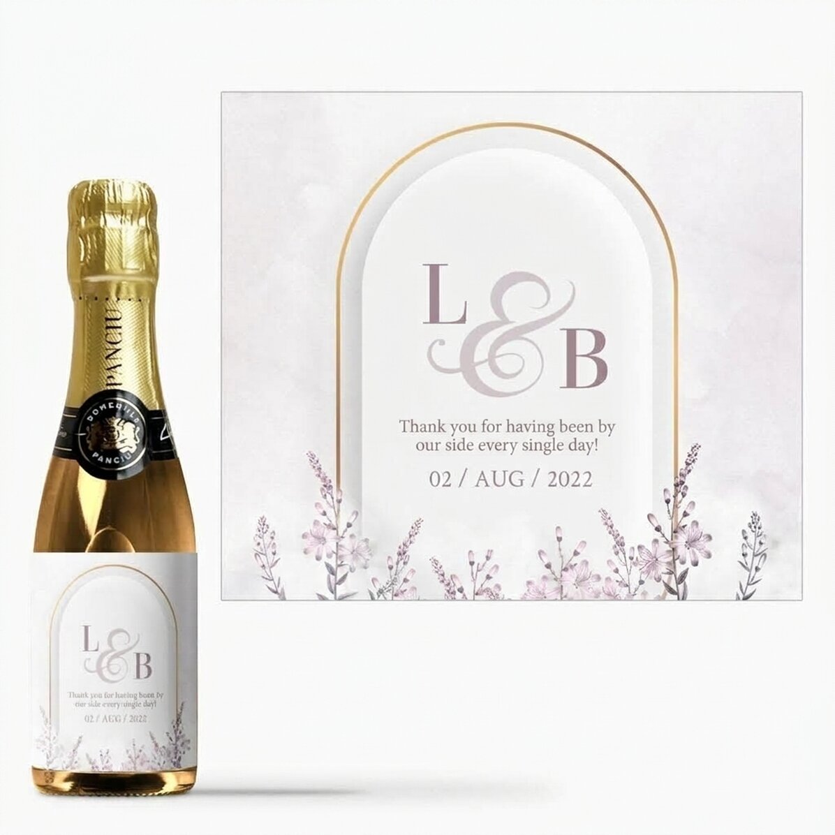 Mini botella de vino espumoso personalizada con texto - Recuerdo de boda