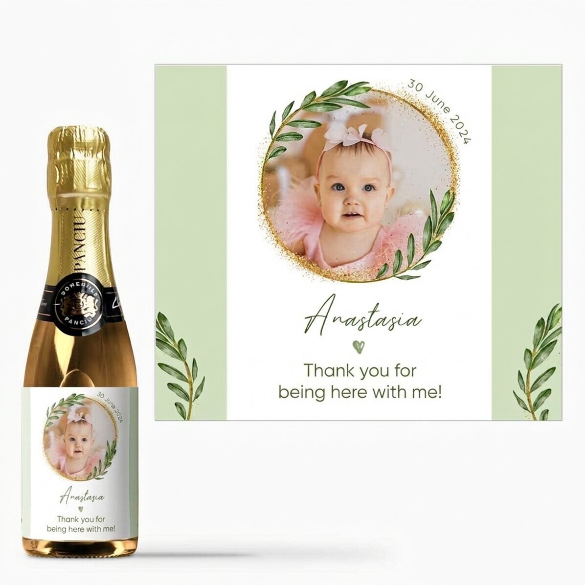Mini botella de vino espumoso personalizada con una foto y un texto - Recuerdo de bautizo