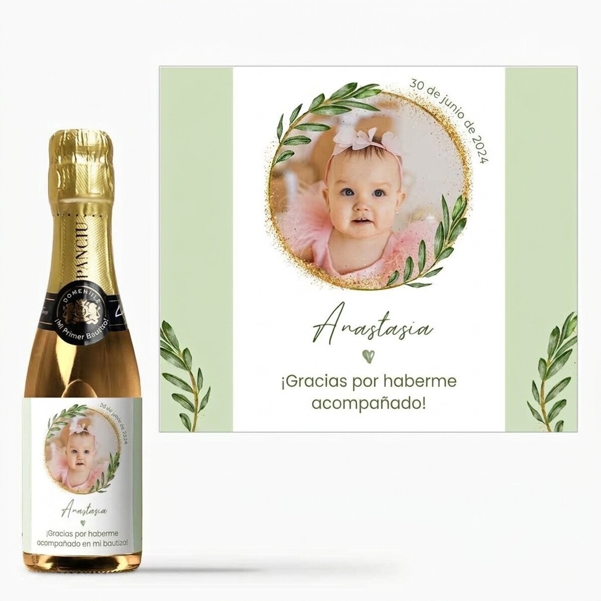 Mini botella de vino espumoso personalizada con una foto y un texto - Recuerdo de bautizo