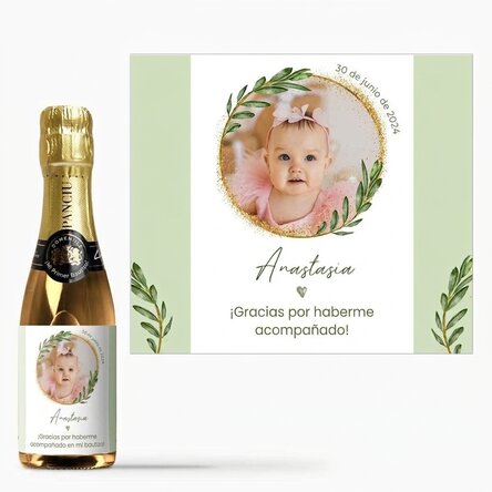 Mini botella de vino espumoso personalizada con una foto y un texto - Recuerdo de bautizo