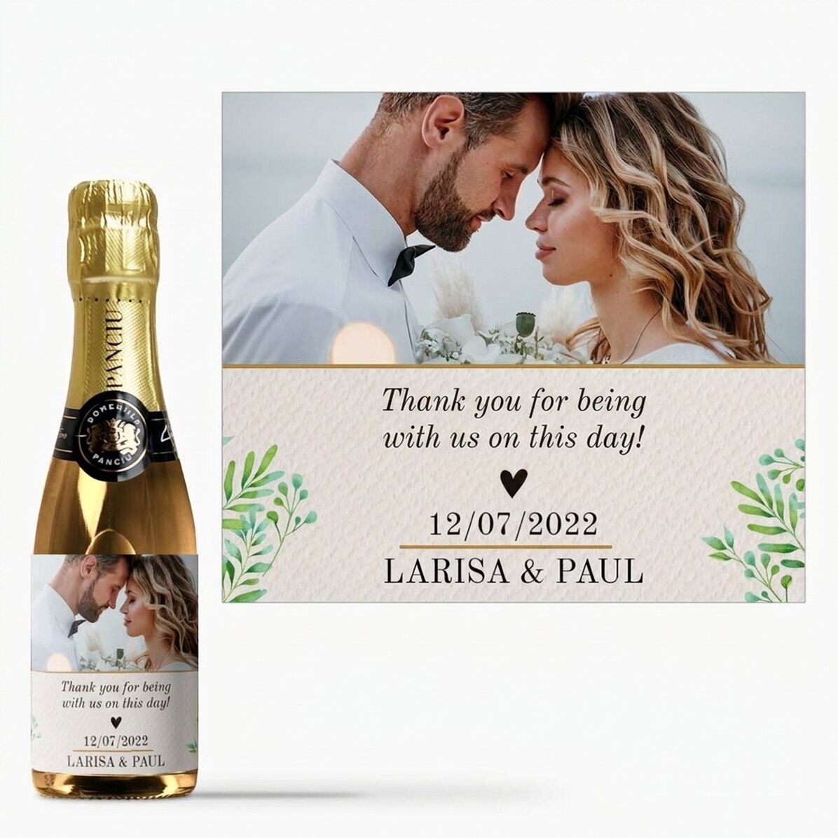 Mini botella de vino espumoso personalizada con una foto y un texto - ¡Gracias!