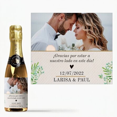 Mini botella de vino espumoso personalizada con una foto y un texto - ¡Gracias!
