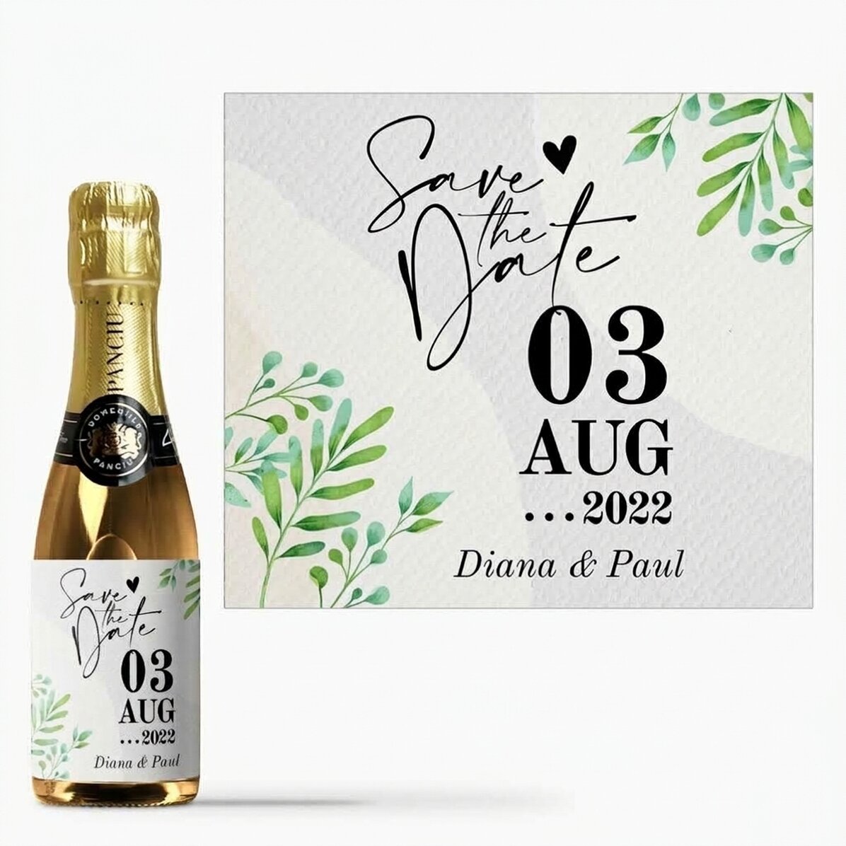 Mini botella de vino espumoso personalizada con texto: «Save the date»