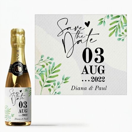 Mini botella de vino espumoso personalizada con texto: «Save the date»