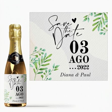 Mini botella de vino espumoso personalizada con texto: «Save the date»