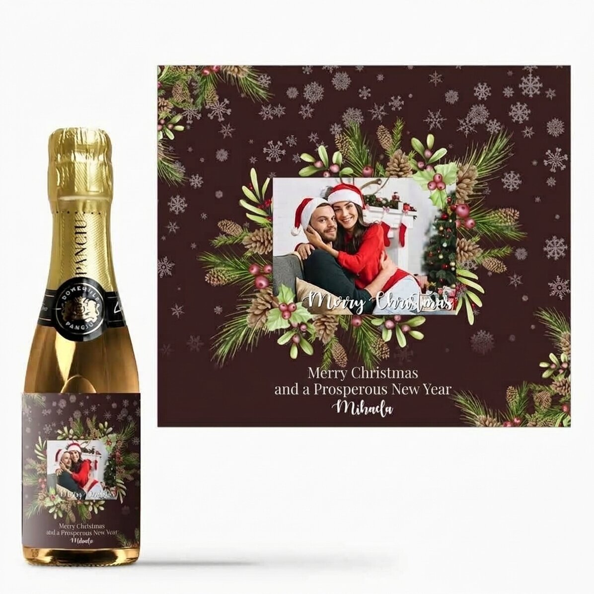 Mini botella de vino espumoso personalizada con foto y texto - Decoraciones navideñas