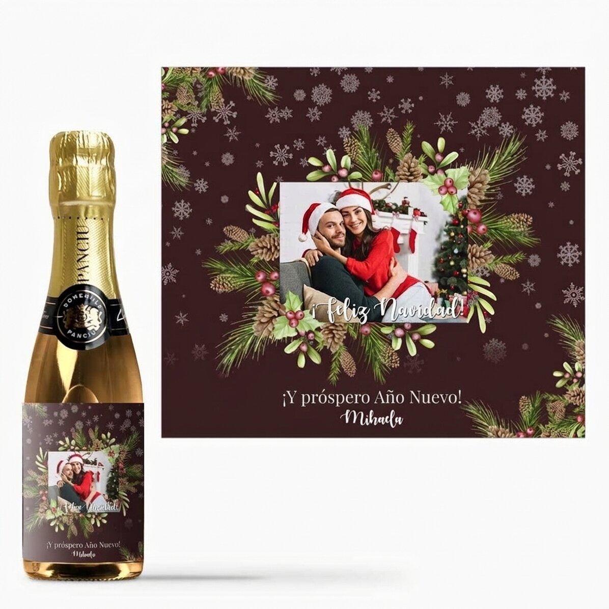 Mini botella de vino espumoso personalizada con foto y texto - Decoraciones navideñas