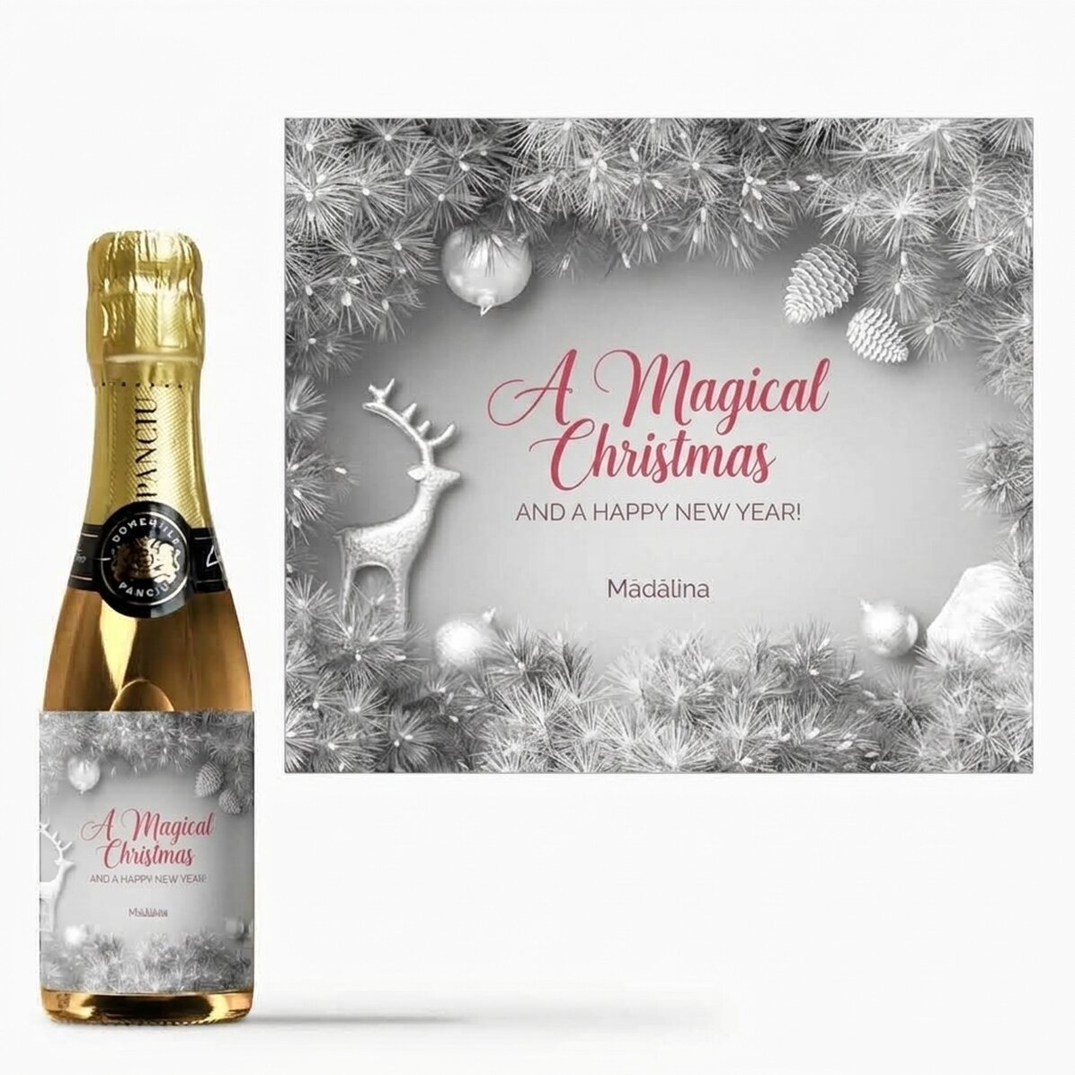 Mini botella de vino espumoso personalizada con texto - Silver Christmas