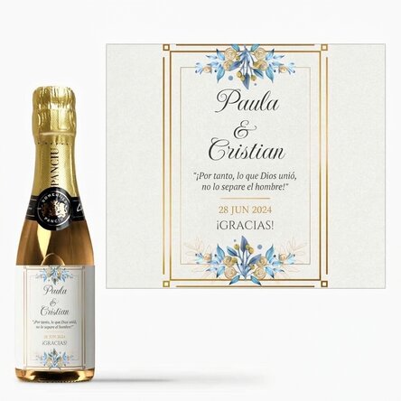 Mini botella de vino espumoso personalizada con mensaje: «Gracias»