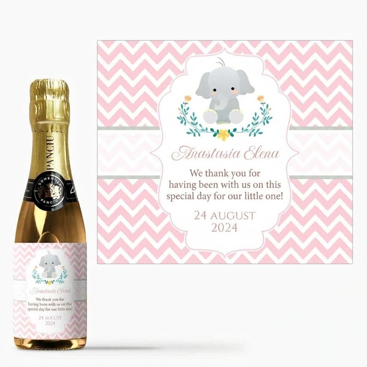 Mini botella de vino espumoso personalizada con texto para regalo de bautizo - Elefante