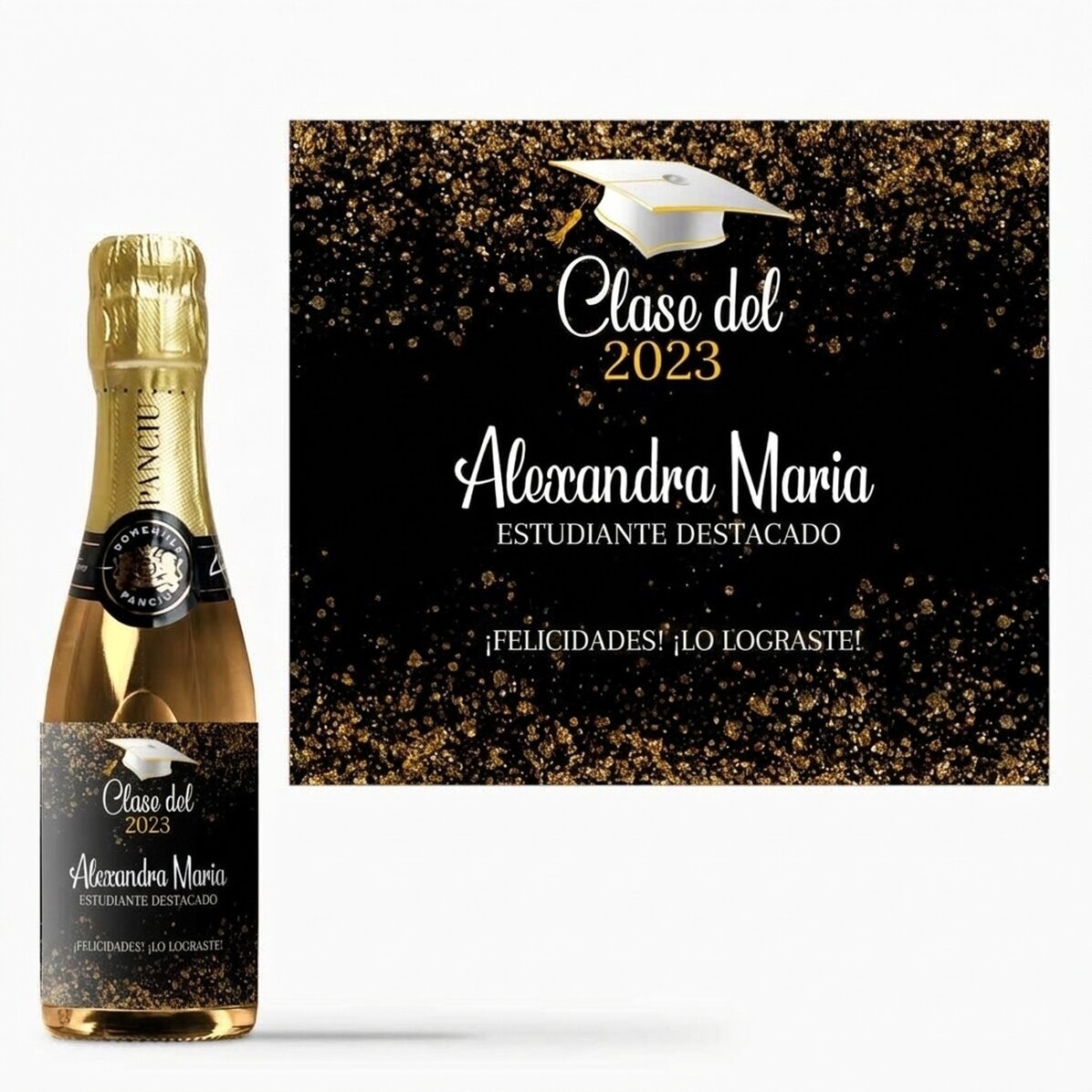 Mini botella de vino espumoso para la graduación, personalizada con el texto «Outstanding student»