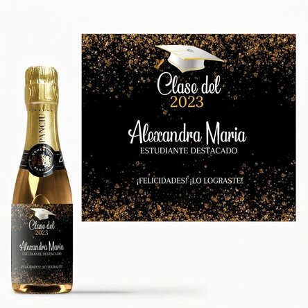 Mini botella de vino espumoso para la graduación, personalizada con el texto «Outstanding student»