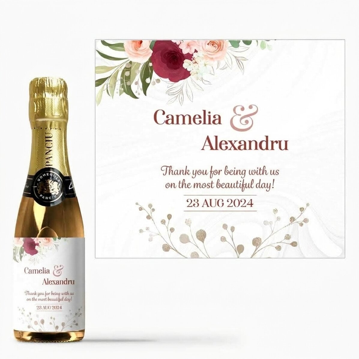 Mini botella de vino espumoso personalizada con un mensaje: «Gracias por venir»