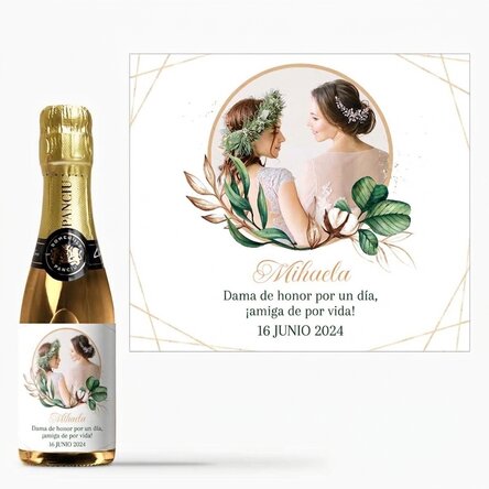 Mini botella de vino espumoso personalizada con una foto y un texto para la dama de honor
