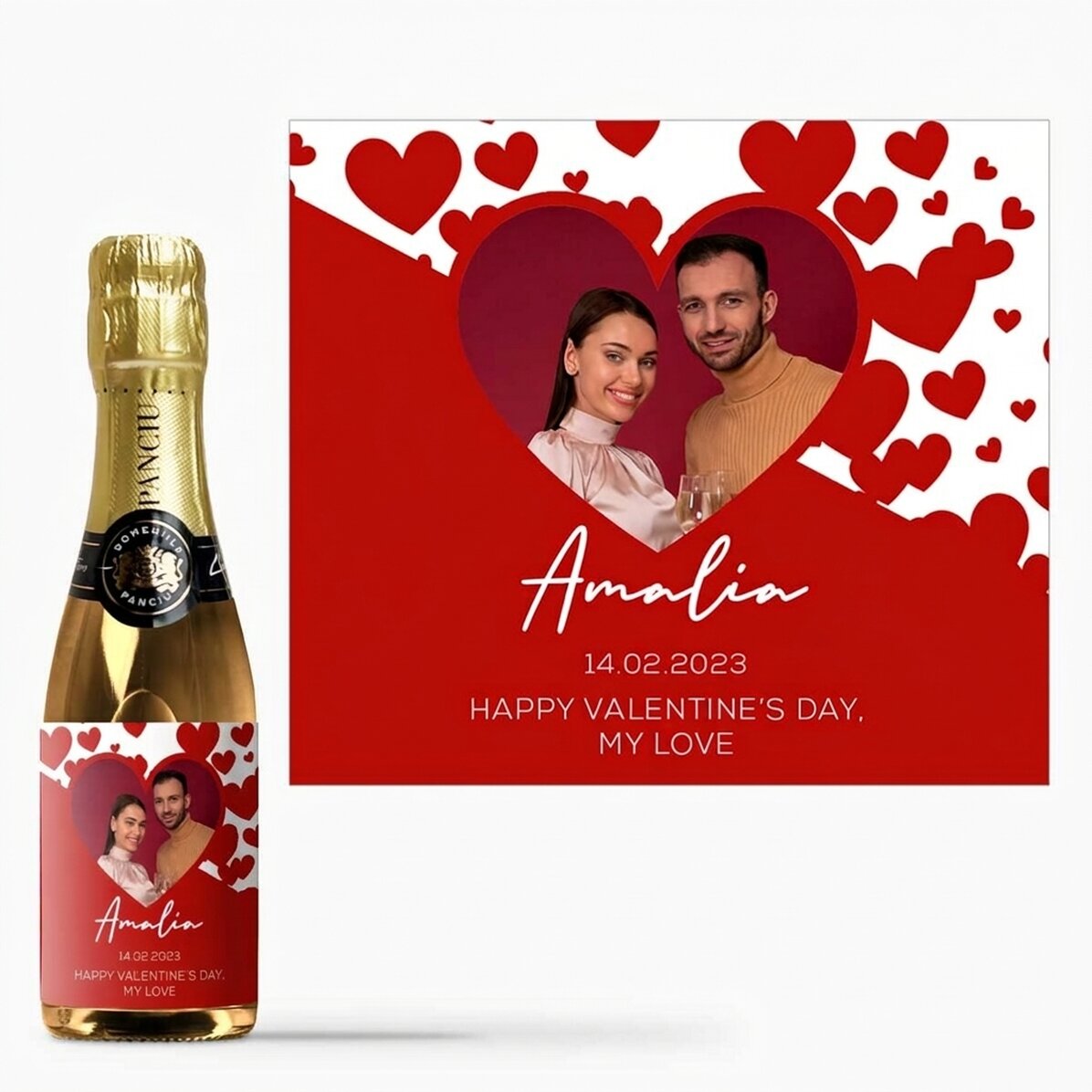 Mini botella de vino espumoso personalizada con una foto y un texto: «Te quiero»