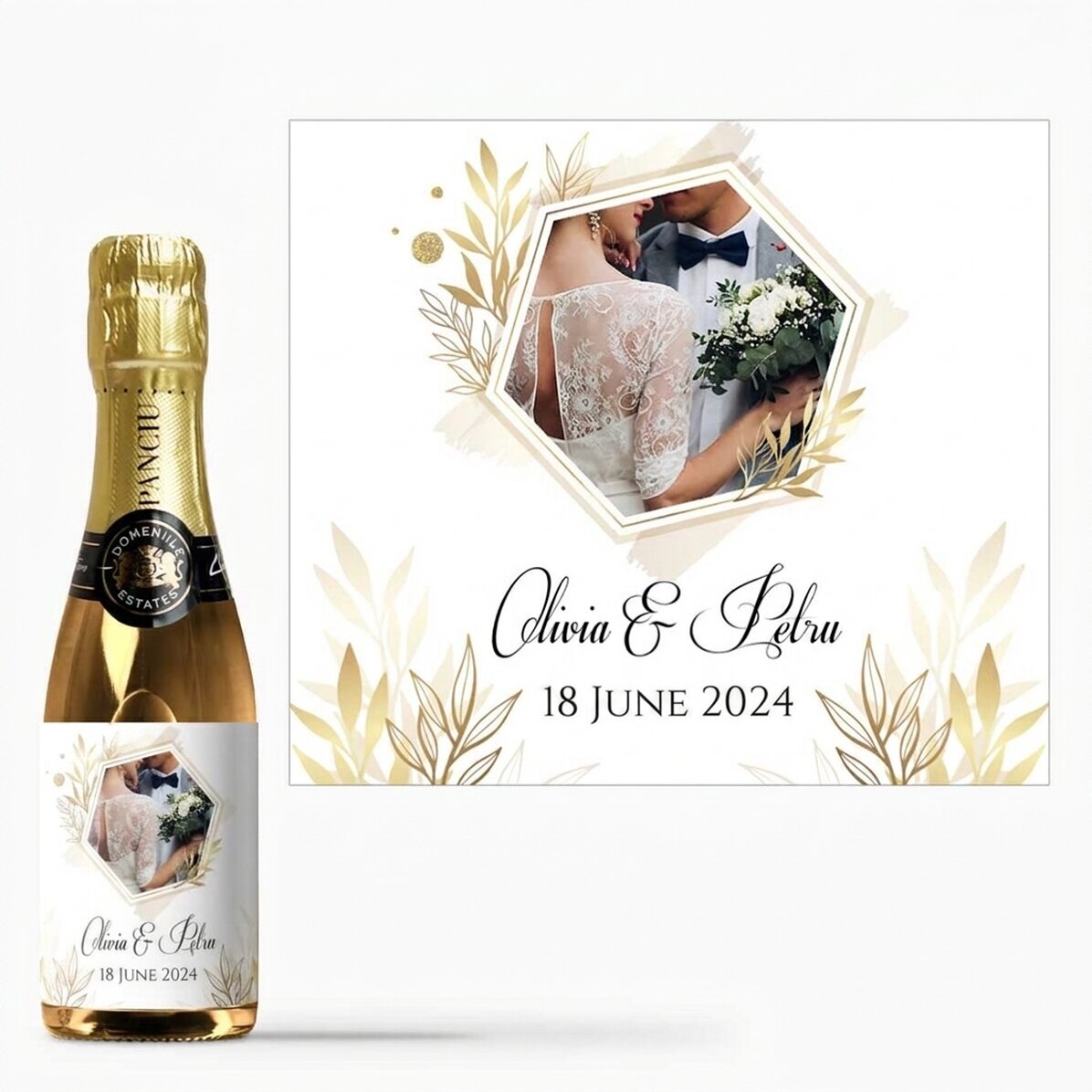 Mini botella de vino espumoso personalizada con una foto y un texto - Un momento especial