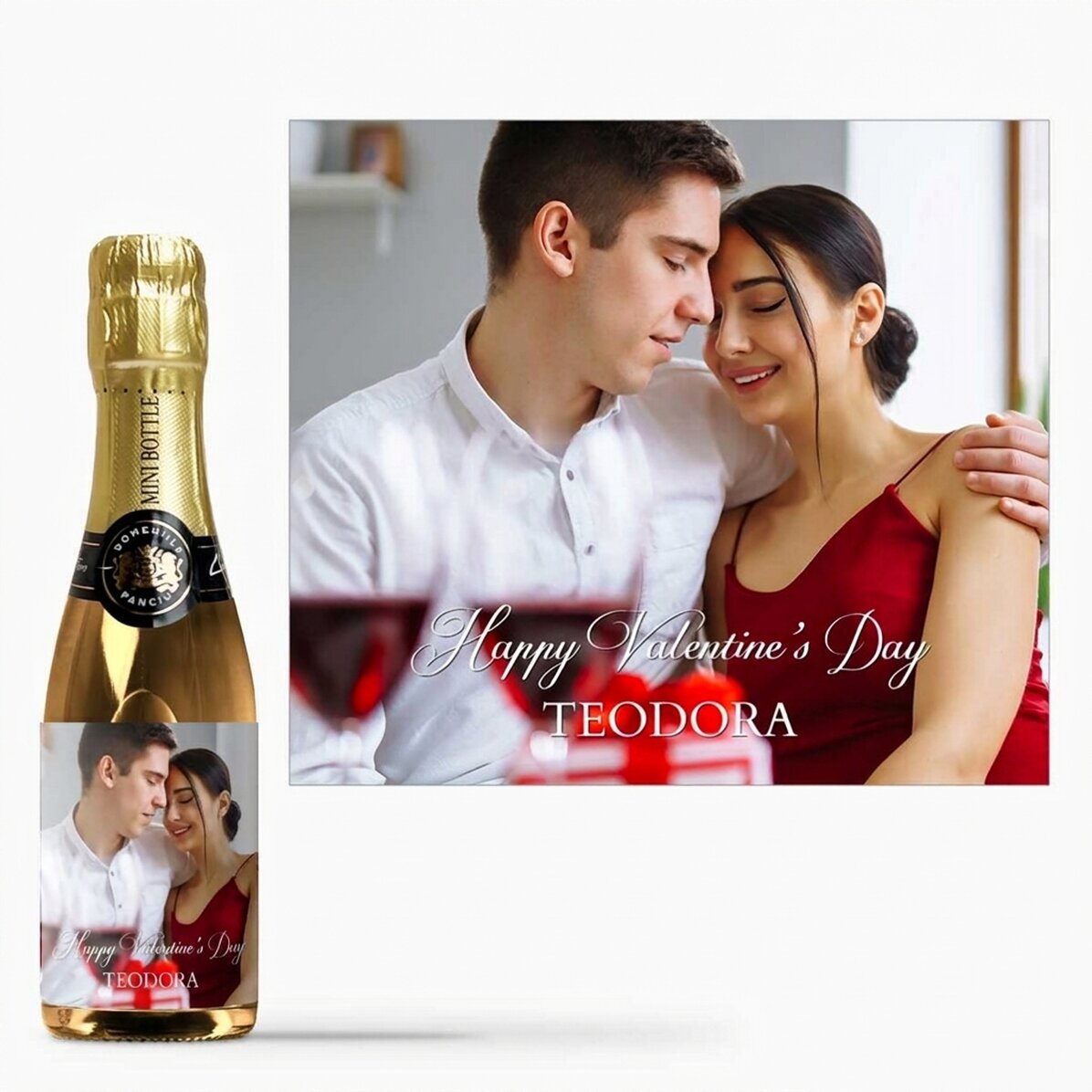Mini botella de vino espumoso personalizada con una foto y un texto