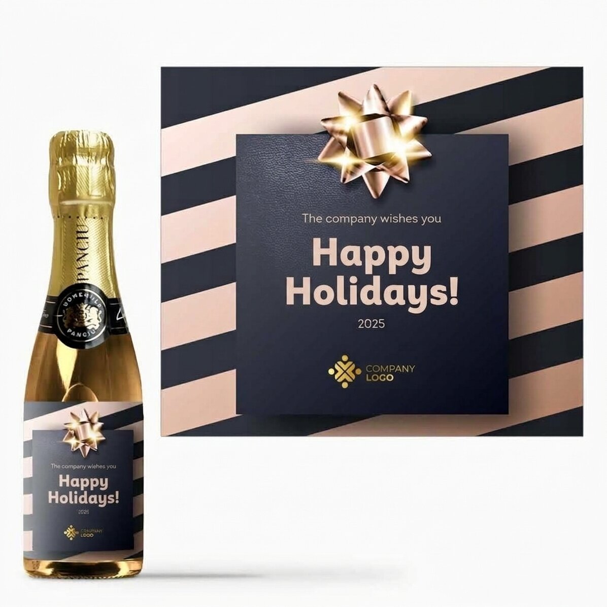Mini botella de vino espumoso personalizada con logotipo y texto - Regalo para las fiestas