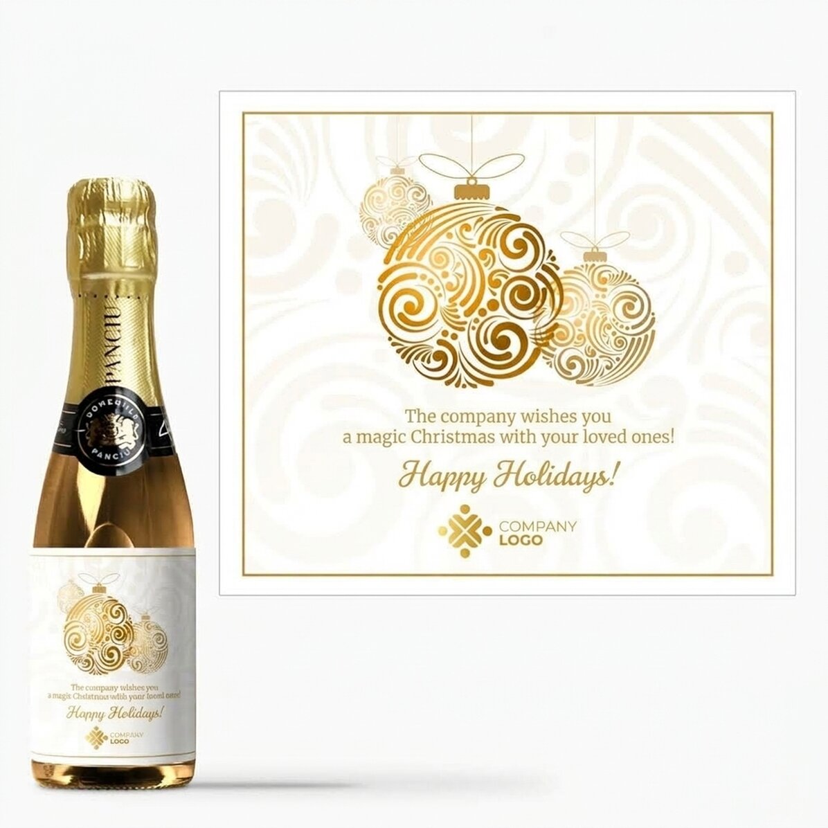 Mini botella de vino espumoso personalizada con logotipo y mensaje - Bolas de Navidad doradas