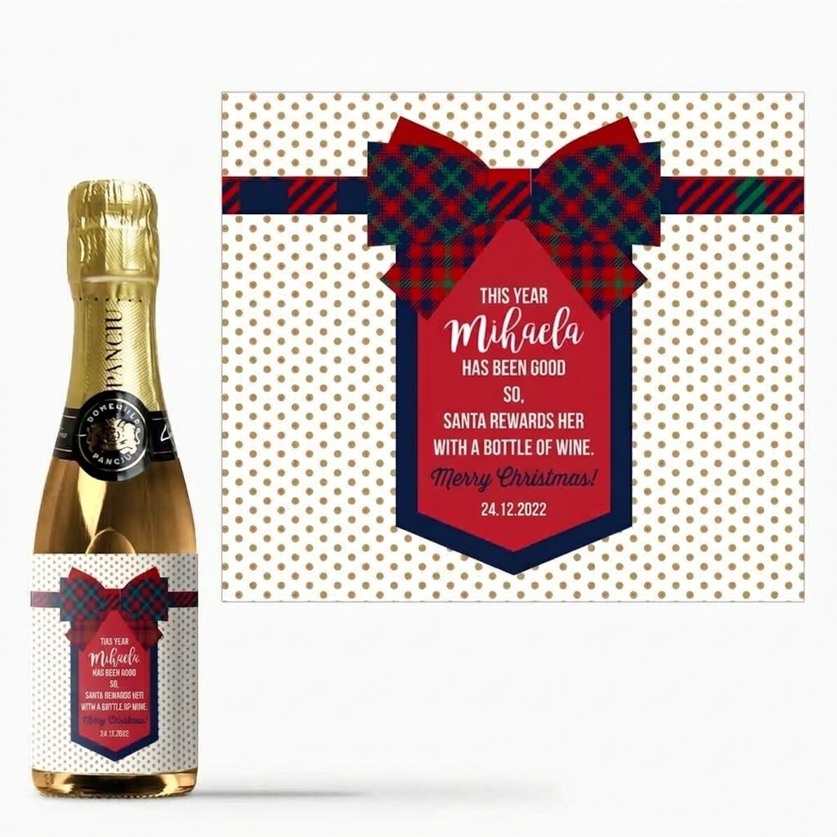 Mini botella de vino espumoso personalizada con texto - Lazo