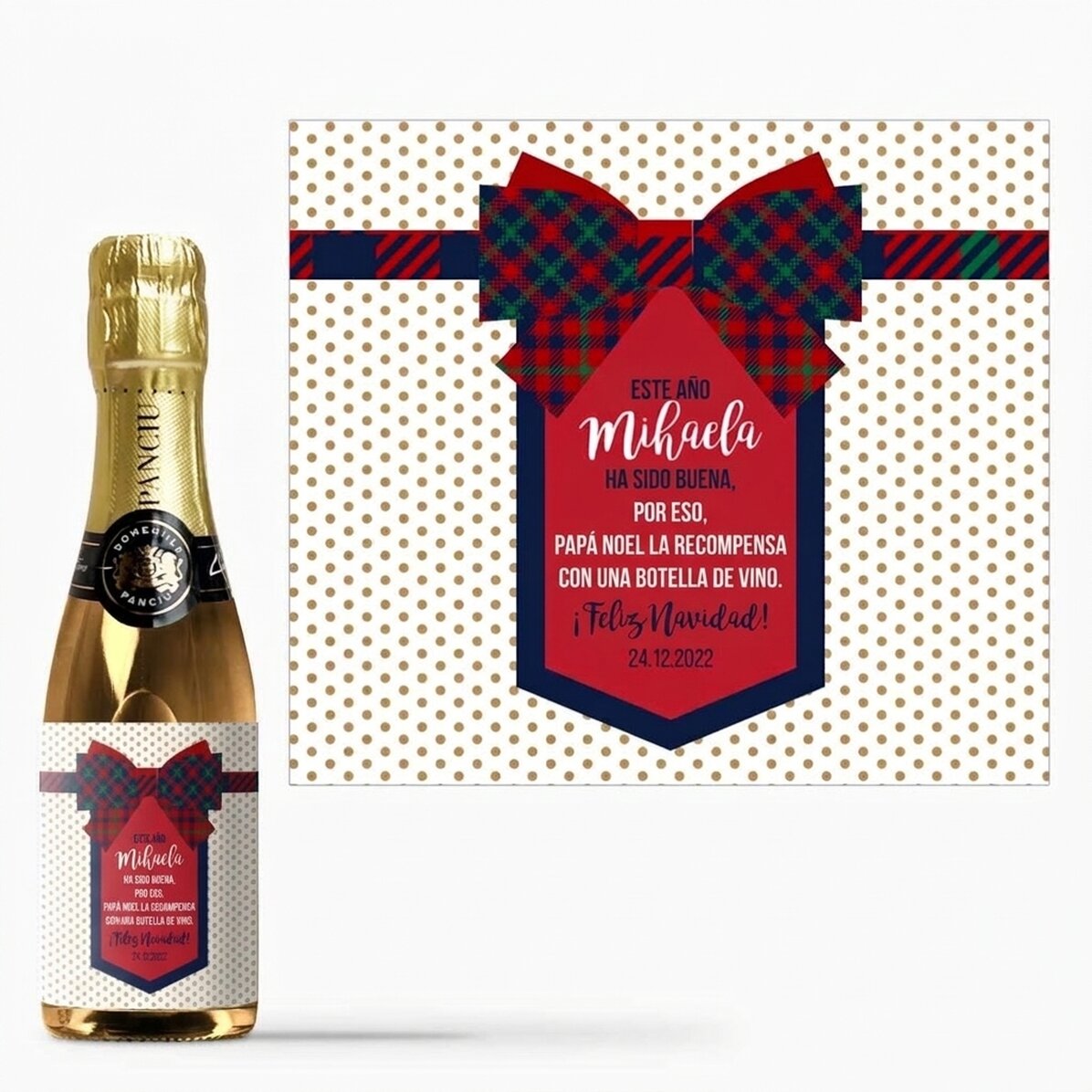 Mini botella de vino espumoso personalizada con texto - Lazo