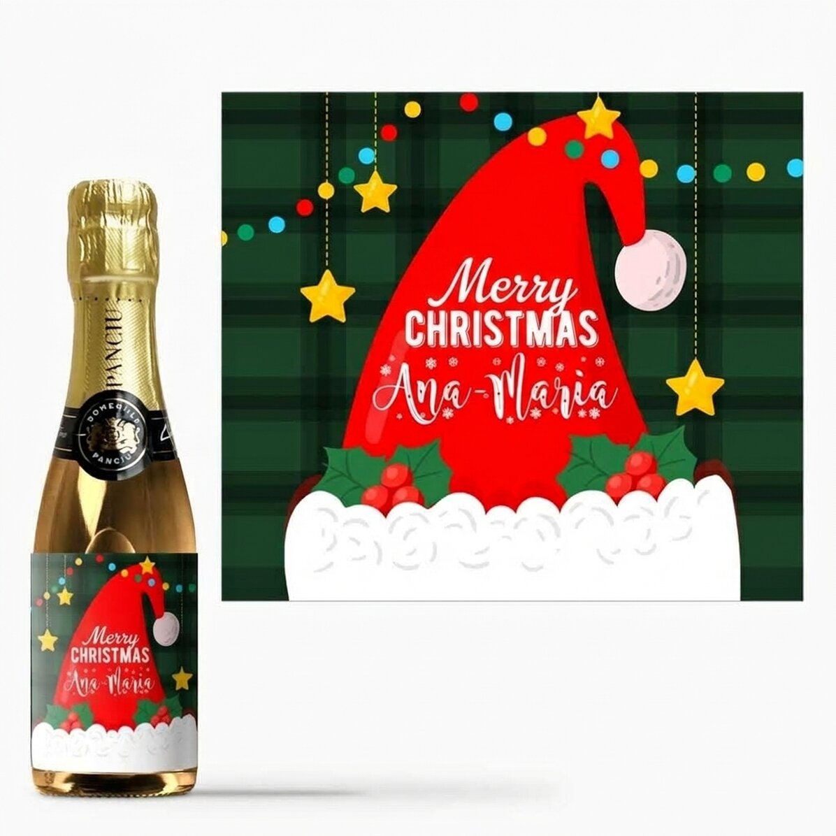 Mini botella de vino espumoso personalizada con texto - Papá Noel