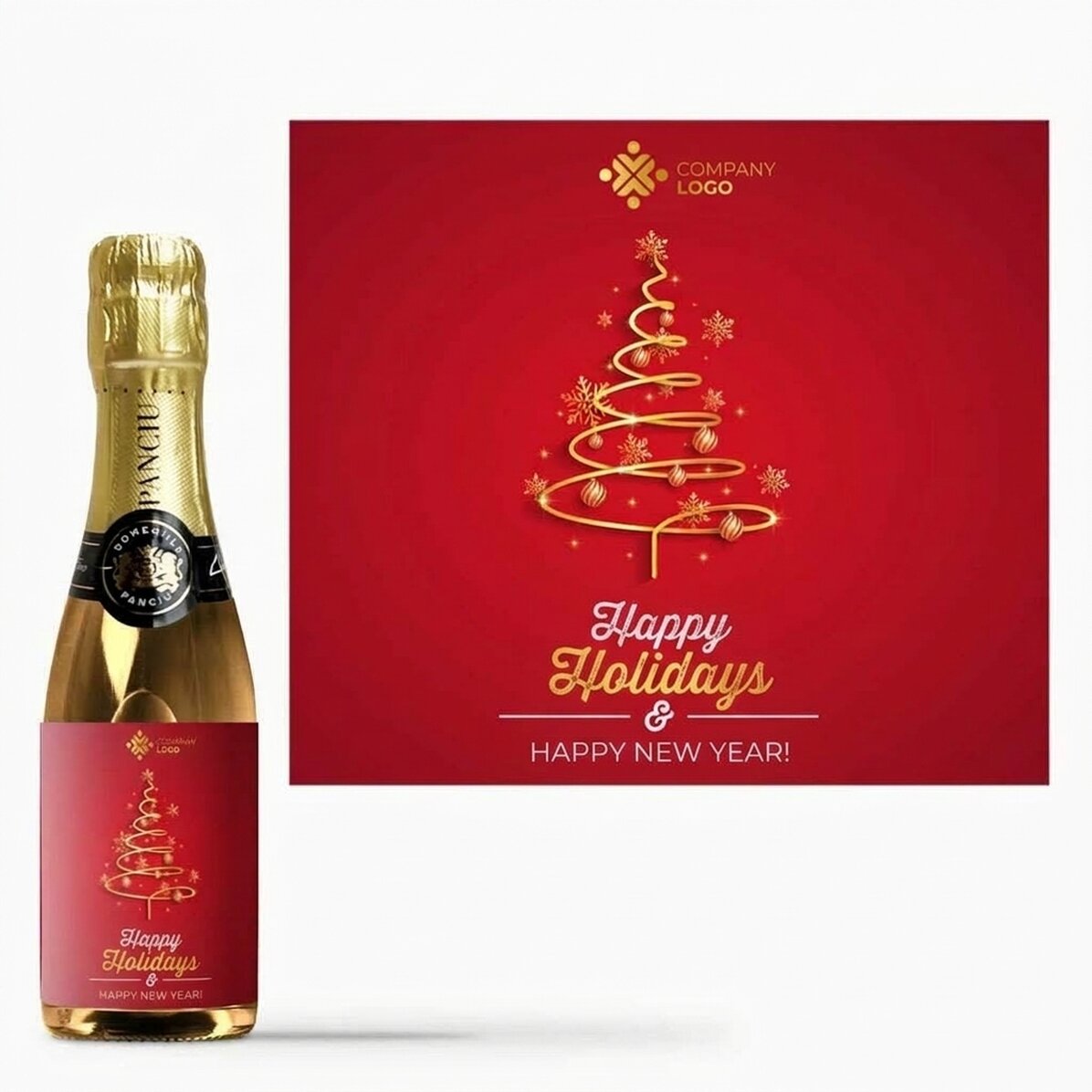 Mini botella de vino espumoso personalizada con texto y logotipo - Felices fiestas