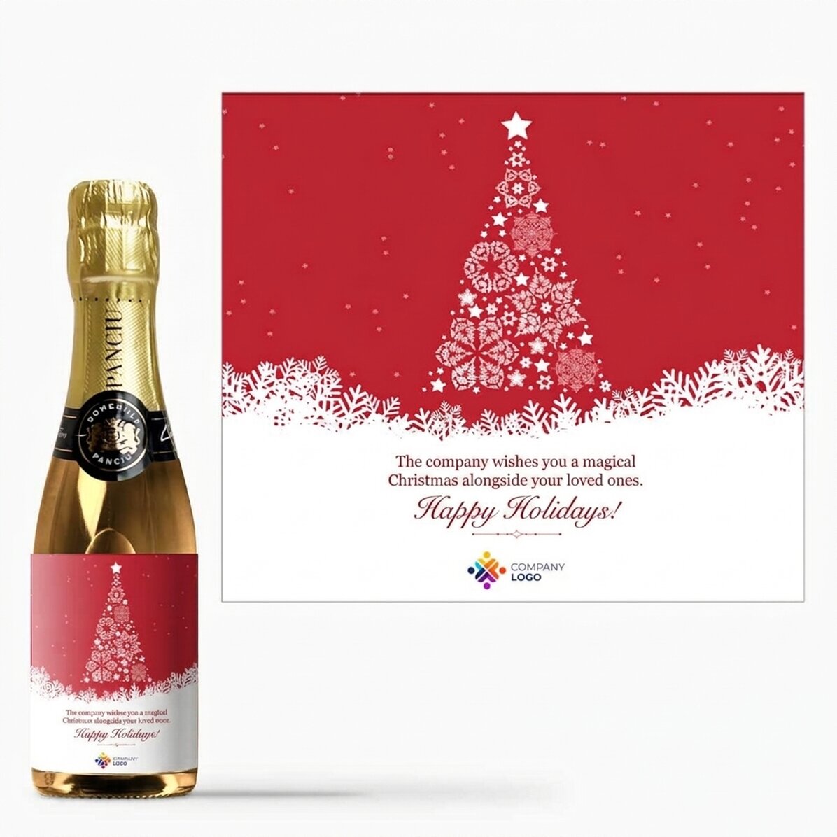 Mini botella de vino espumoso personalizada con texto y logotipo - La magia de la Navidad