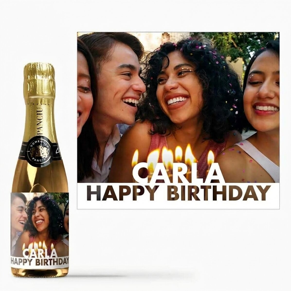 Mini botella de vino espumoso personalizada con foto y nombre para un cumpleaños