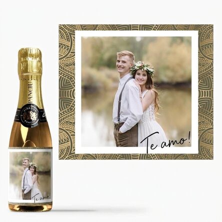 Mini botella de vino espumoso personalizada con una foto: «¡Te quiero!»