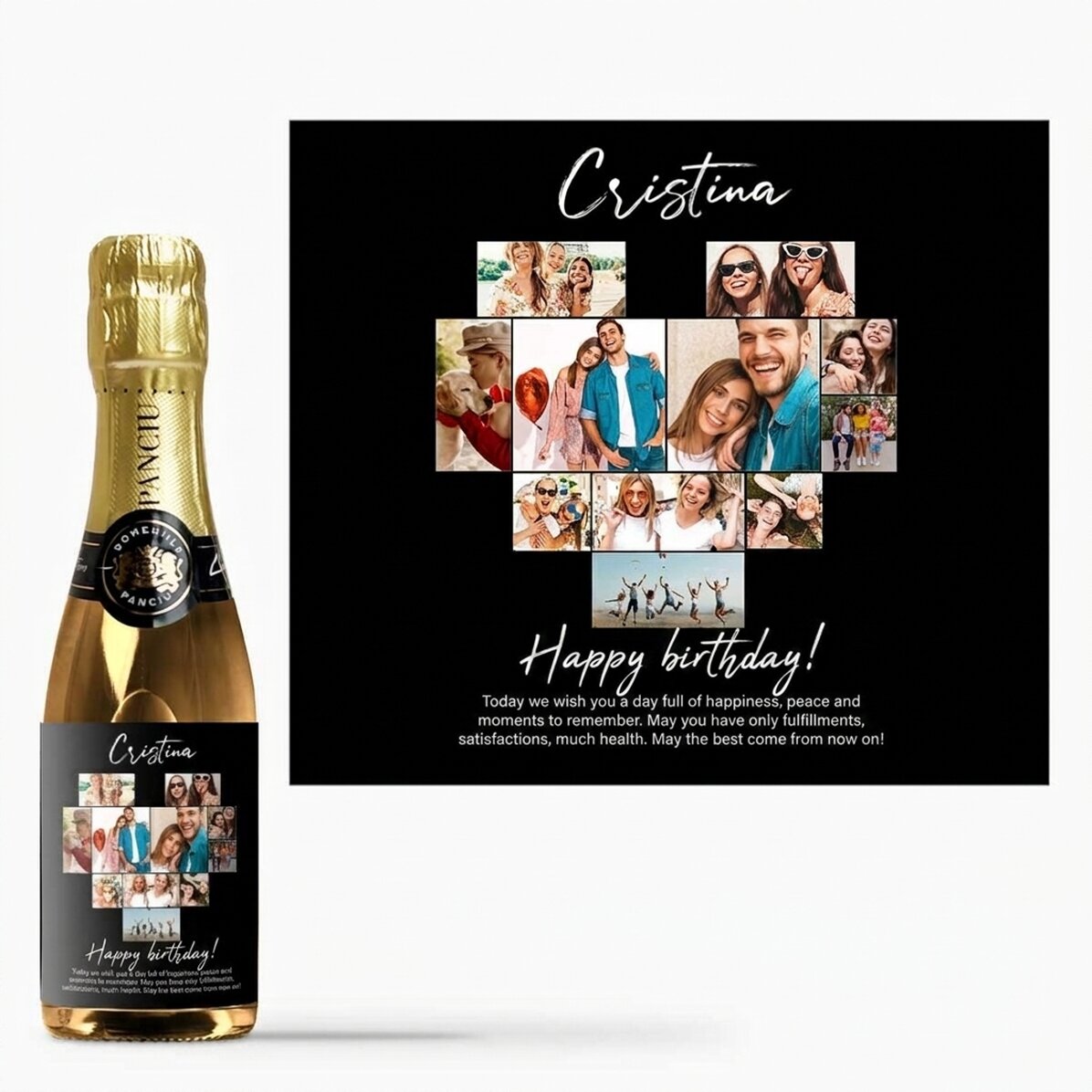 Mini botella de vino espumoso personalizada con 11 fotos y un mensaje