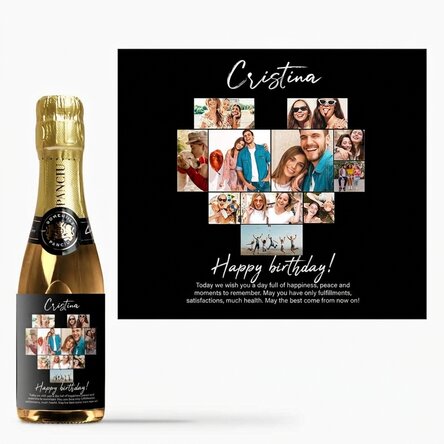 Mini botella de vino espumoso personalizada con 11 fotos y un mensaje