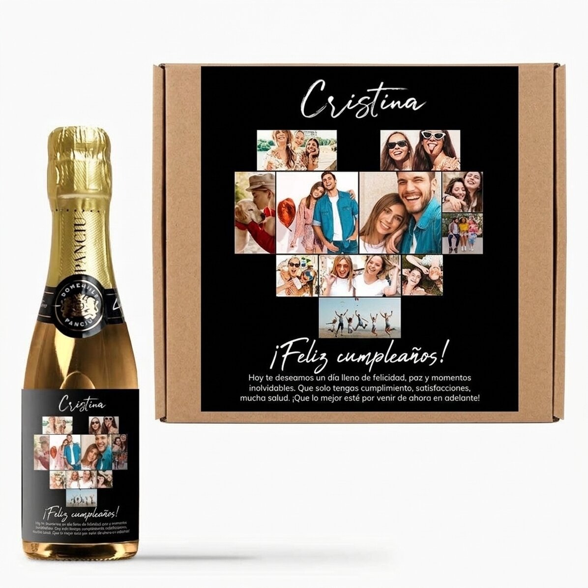 Mini botella de vino espumoso personalizada con 11 fotos y un mensaje